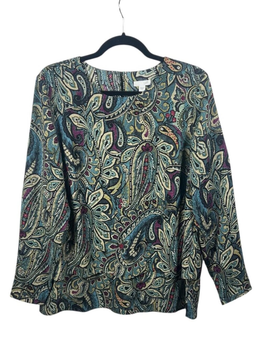 J Jill Top Womens Medium Tunic Blouse Layered Long Sleeve Paisley Modest Chic
